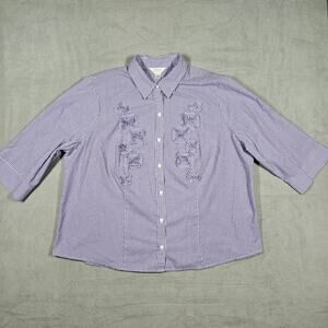 CJ Banks Shirt Womens Size 2x Button Front 3/4 Sleeve Purple Gingham Lightweight